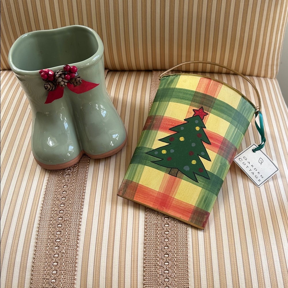 Green Ceramic Boot Planter and Plaid Christmas Door Hanger
